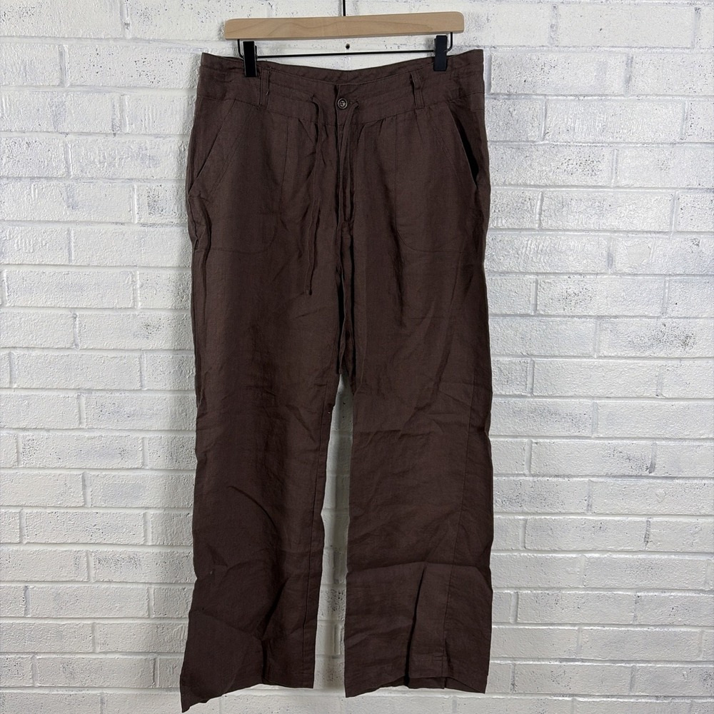 Mariyaab Linen Wide Leg Pants Womens Size 12 Brown Coastal Drawstring Pockets